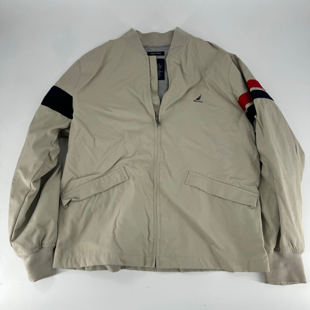 Nautica Mens Beige Bomber Jacket Size L Full Zip Classic Sportswear